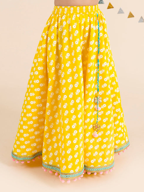 Girls Yellow Turquoise Blue Printed Ready To Wear Lehenga Blouse With Dupatta